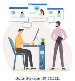 Vector illustration People choosing candidate for job using computer. Employment agency. Online recruitment Job search Human resource and recruiting Vacancy Recruitment management Office Work Business - Powered by Shutterstock - Get 15% off with code: PIKWIZARD15