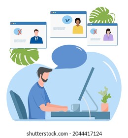 Vector illustration People choosing candidate for job using computer. Employment agency. Online recruitment Job search Human resource and recruiting Vacancy Recruitment management Office Work Business