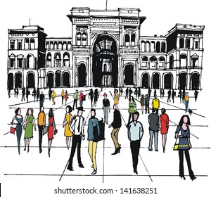 Vector illustration of people in city square, Milan, Italy,