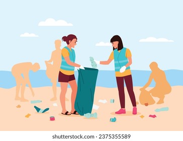 Vektorgrafik von Leuten, die einen verschmutzten Strand säubern. Cartoon-Szene mit einem verschmutzten Strand, Silhouetten von Menschen und Frauen in Westen sammeln Müll: Flaschen, farbige Wrapper in Mülltüten.