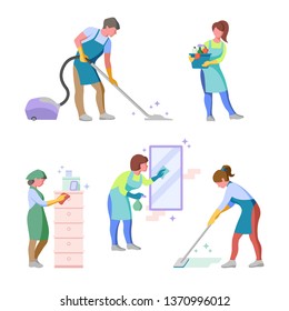 vector illustration with people of cleaning service who clean the room, clean, vacuum, wash, wipe dust, brush