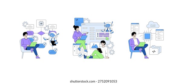 Vector illustration of people collaborating with AI robots on programming tasks. Depicts teamwork in a digital environment, showcasing coding, artificial intelligence, and innovation.