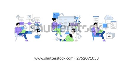 Vector illustration of people collaborating with AI robots on programming tasks. Depicts teamwork in a digital environment, showcasing coding, artificial intelligence, and innovation.