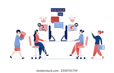 vector illustration of People collaborating remotely with the help of live video and chat, connecting through virtual meetings and enhancing communication for work productivity