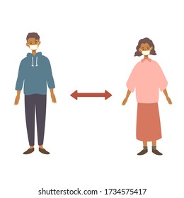 Vector illustration of people combating the coronavirus. New norms for prevent the spread of COVID-19. Social distancing, keep distance in public.