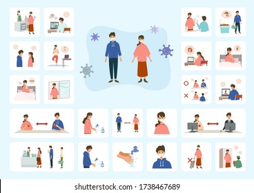 Vector illustration of people combating the coronavirus. Concept art for ‘New normal’.
’New normal’ for prevent the spread of viruses were suggested by a meeting of Japanese nation's experts, 