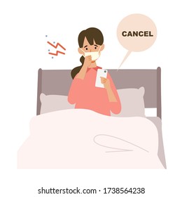 Vector illustration of people combating the coronavirus. New norms for prevent the spread of COVID-19. Medical masked woman canceling reservation due to poor physical condition.