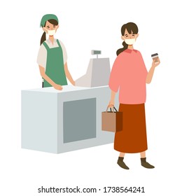 Vector illustration of people combating the coronavirus. New norms for prevent the spread of COVID-19. Medical masked woman customer is receiving order in restaurant.