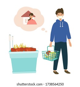 Vector illustration of people combating the coronavirus. New norms for prevent the spread of COVID-19. The man shopping alone for a family at a  supermarket.