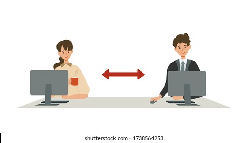 Ilustración vectorial de personas que combaten el coronavirus. Nuevas normas para prevenir la propagación del COVID-19. Coronavirus de cuarentena COVID-19 en la oficina de precauciones de distanciamiento social epidémico.