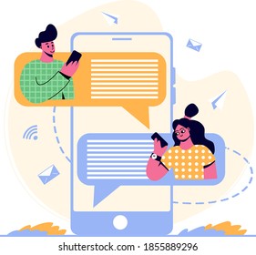 Vector illustration. People communicate by correspondence. Long distance relationships. The guy and the girl are texting.