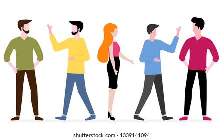 Ilustração vetorial com pessoas se comunicam entre si. Empresários discutem e tomam decisões em segundo plano. Rede social. Chat em grupo. Design para banner, cartaz ou impressão.