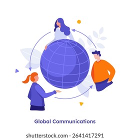 Vector illustration with people communicating around a globe for global communication. Business metaphor for networking and worldwide connection.
