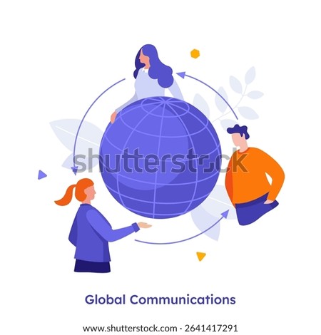 Vector illustration with people communicating around a globe for global communication. Business metaphor for networking and worldwide connection.