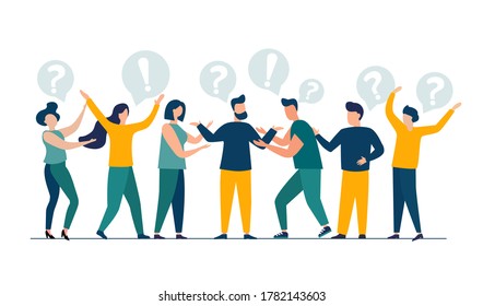 Ilustración vectorial de personas comunicándose en busca de ideas, resolución de problemas, uso en proyectos y aplicaciones web. trabajo en equipo, lluvia de ideas. Fondo aislado de estilo plano