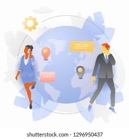 Vector illustration of people communication through mobile phones over the Globe. Global networking and communication concept.