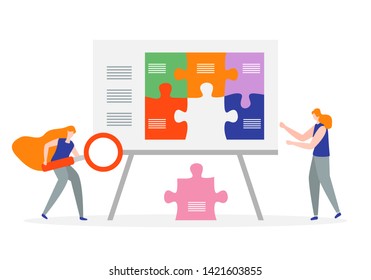 Vector illustration with people connect puzzle elements. Teamwork, cooperation, partnership. Business concept. Team metaphor. Flat style. Design for web page, presentation, print.