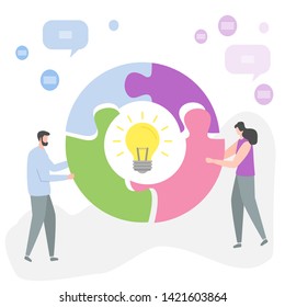 Vector illustration with people connect puzzle elements. Teamwork, cooperation, partnership. Business concept. Team metaphor. Flat style. Design for web page, presentation, print.