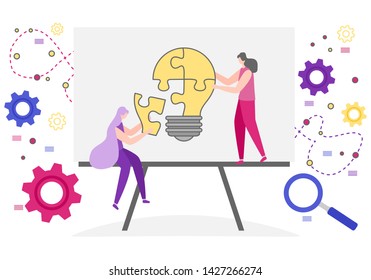 Vector illustration with people connect puzzle elements. Teamwork, cooperation, partnership. Business concept. Team metaphor. Flat style. Design for web page, presentation, print.