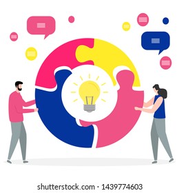Vector illustration with people connect puzzle elements. Teamwork, cooperation, partnership. Business concept. Team metaphor. Flat style. Design for web page, presentation, print.