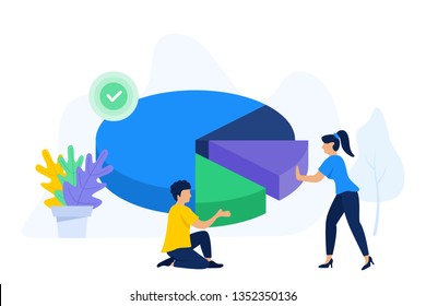 Vector illustration of people connecting pie chart, working together as a team to solve a problem. Symbol of teamwork, cooperation, collaboration. Isolated Vector