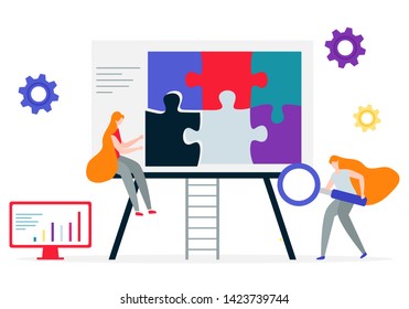 Vector illustration with people connecting puzzle elements. Teamwork, cooperation, partnership. Business concept. Team metaphor. Flat style. Design for web page, presentation, print.