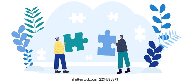 Vector illustration of people connecting puzzle elements.
