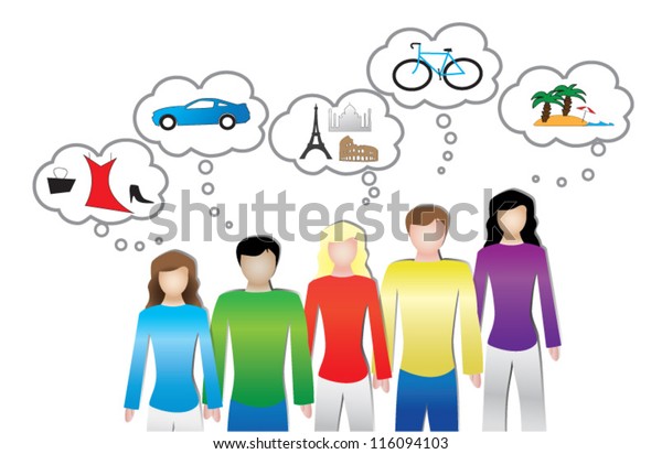 Vector illustration of\
people or consumer needs and wants, people thinking isolated on\
white background