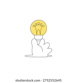 Vector illustration for people with a creative idea. A hand from a hole holds a light bulb, symbolizing a breakthrough, an unexpected solution, innovation, and finding a brilliant idea for a business