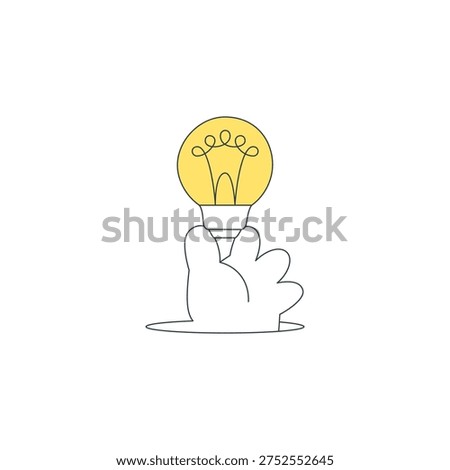 Vector illustration for people with a creative idea. A hand from a hole holds a light bulb, symbolizing a breakthrough, an unexpected solution, innovation, and finding a brilliant idea for a business