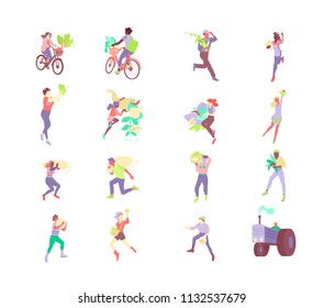 Vector illustration people with crop. Dynamic flat colorful illustration. Gardening, farming, healthy, active eco life related.