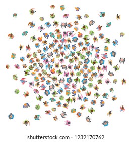 Vector illustration. People crowd on white background. Top view. A large group of people. View from above.