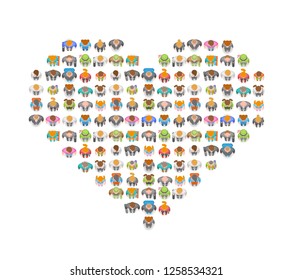Vector illustration. People crowd in the shape of Valentine's heart. Top view. Different men and women stand in the shape of a heart. View from above.