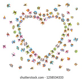 Vector illustration. People crowd in the shape of Valentine's heart. Top view. A large group of men and women in the shape of a heart. View from above.