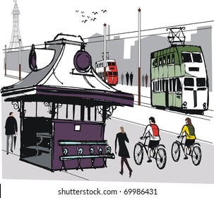 Vector illustration of people cycling along Blackpool promenade, England.