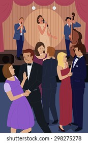 A vector illustration of people dancing in a jazz night club