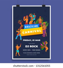 Vector illustration of people in dancing pose for the celebration of Brazilian Carnival template design.