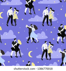 Vector illustration of a people dancing salsa, samba, ballroom or other passionate dance. Romantic evening  for couples in a dance club. Seamless pattern for wallpaper, fabric, textile or other decor.