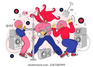 vector illustration with people dancing, singing and playing musical instruments. Music band vector illustration.