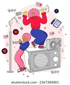 vector illustration with people dancing, singing and playing musical instruments. Music band vector illustration.