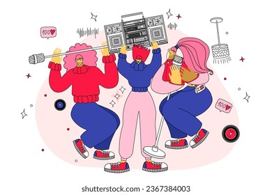 vector illustration with people dancing, singing and playing musical instruments. Music band vector illustration.