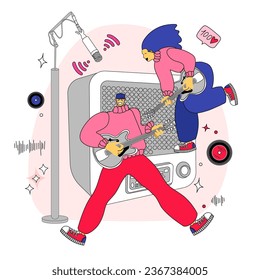 vector illustration with people dancing, singing and playing musical instruments. Music band vector illustration.