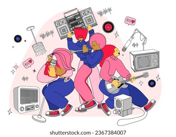 vector illustration with people dancing, singing and playing musical instruments. Music band vector illustration.