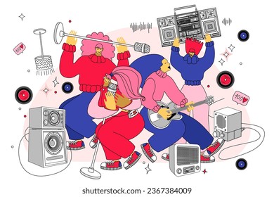 vector illustration with people dancing, singing and playing musical instruments. Music band vector illustration.