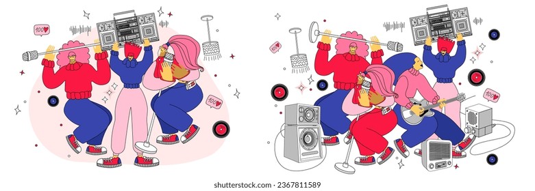 vector illustration with people dancing, singing and playing musical instruments. Music band vector illustration.