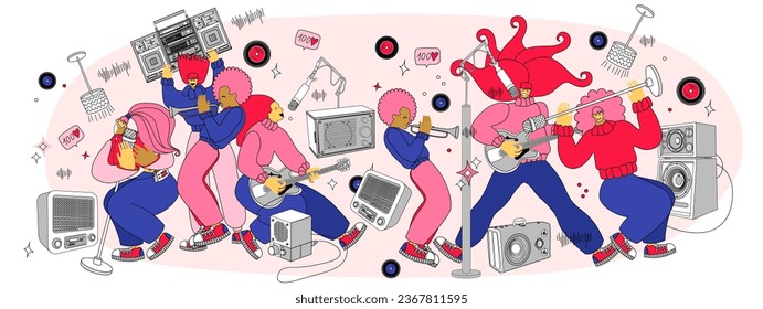 vector illustration with people dancing, singing and playing musical instruments. Music band vector illustration.