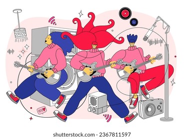 vector illustration with people dancing, singing and playing musical instruments. Music band vector illustration.