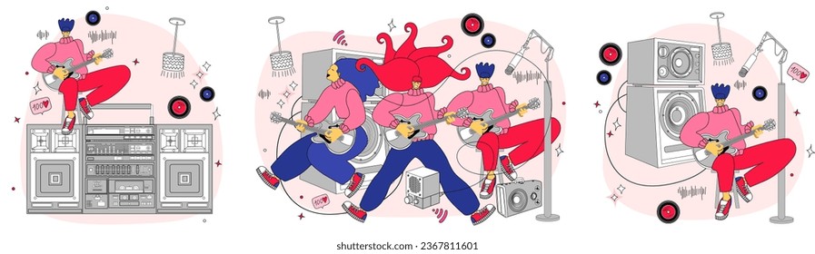 vector illustration with people dancing, singing and playing musical instruments. Music band vector illustration.