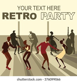 Vector illustration of people dancing the twist on the retro party