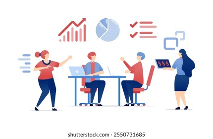 ilustração vetorial de Pessoas Debatendo e Discutindo o Desempenho da Empresa com Base em Gráficos e Planejamento Estratégico para Garantir o Crescimento, a Realização e o Sucesso Futuro da Empresa